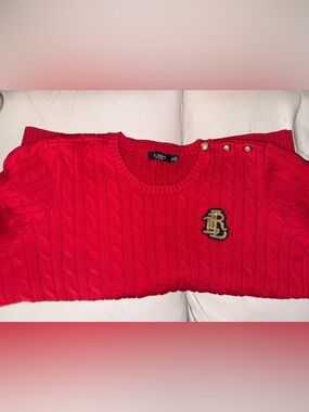 Lauren Ralph Lauren Bright Red Cable-Knit Crewneck Sweater with Gold Crest